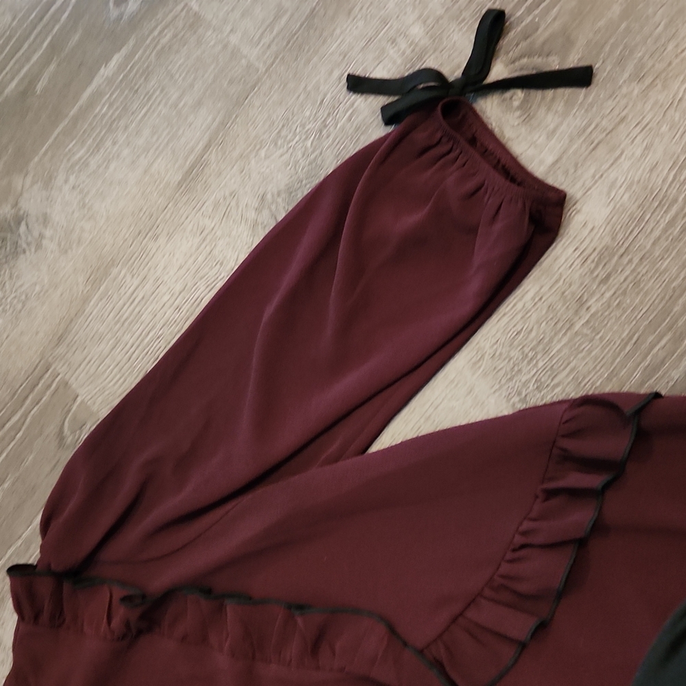 New York & Company Burgundy Blouse with Black Accents - Picture 4 of 11